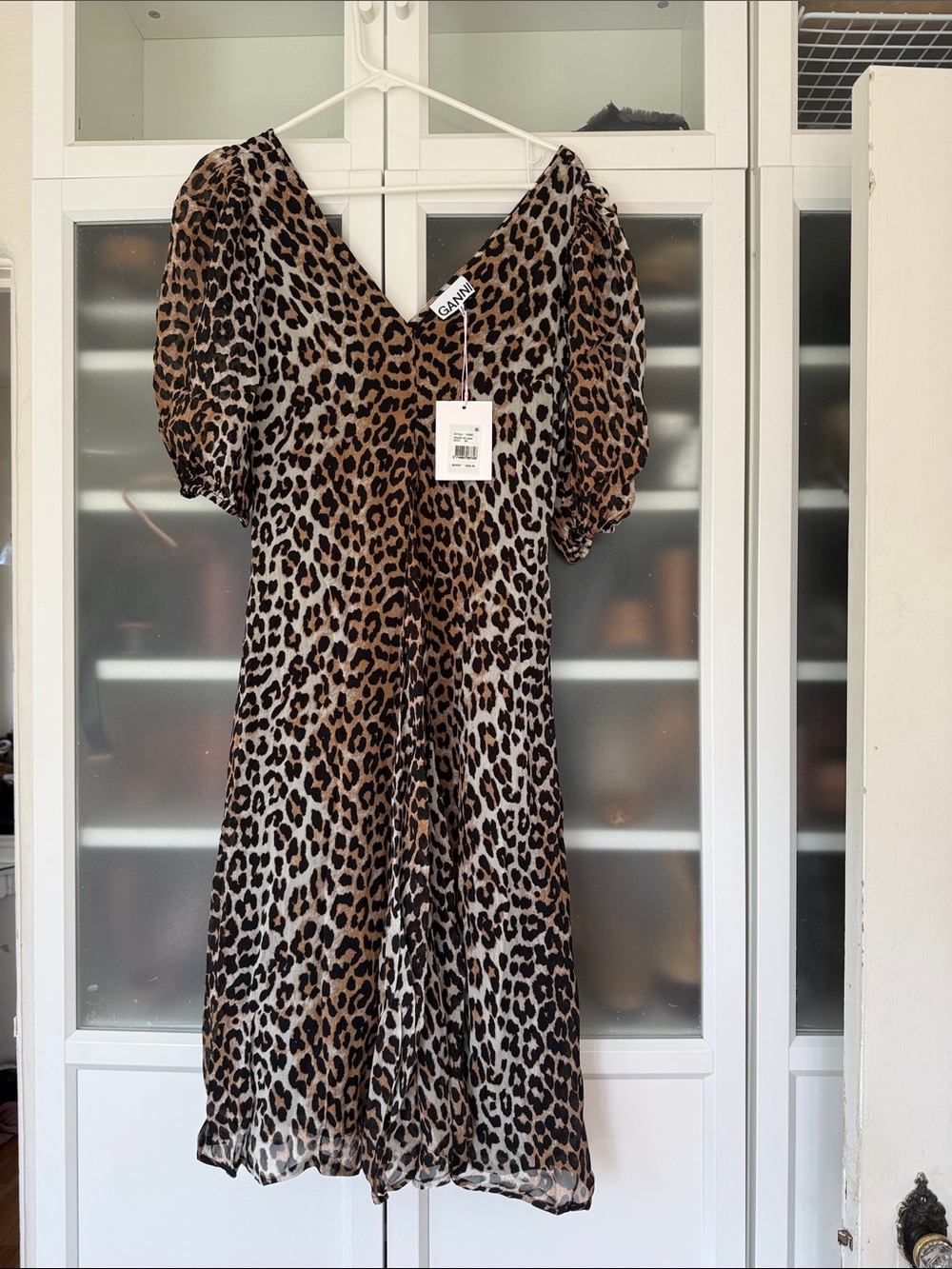 Ganni Georgette Leopard-Print Midi Dress NWT